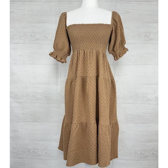 OPT Tiered Babydoll Midi Dress M Puff Sleeve Square Neck Smocked Polka Dot Gauze - Picture 1 of 13